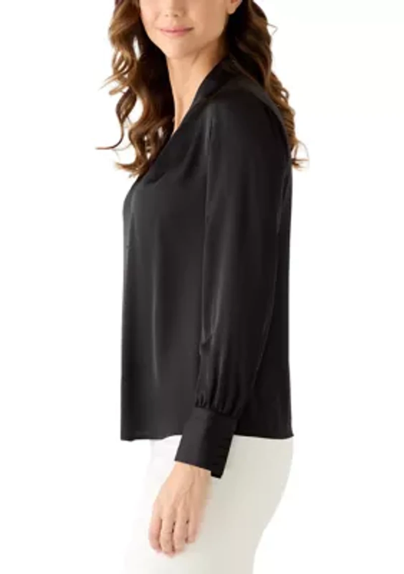 Women's V-Neck Button Front Blouse with Pleated Cuffs