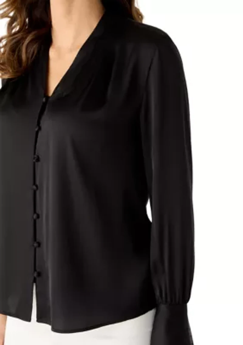 Women's V-Neck Button Front Blouse with Pleated Cuffs