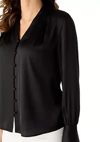 Women's V-Neck Button Front Blouse with Pleated Cuffs