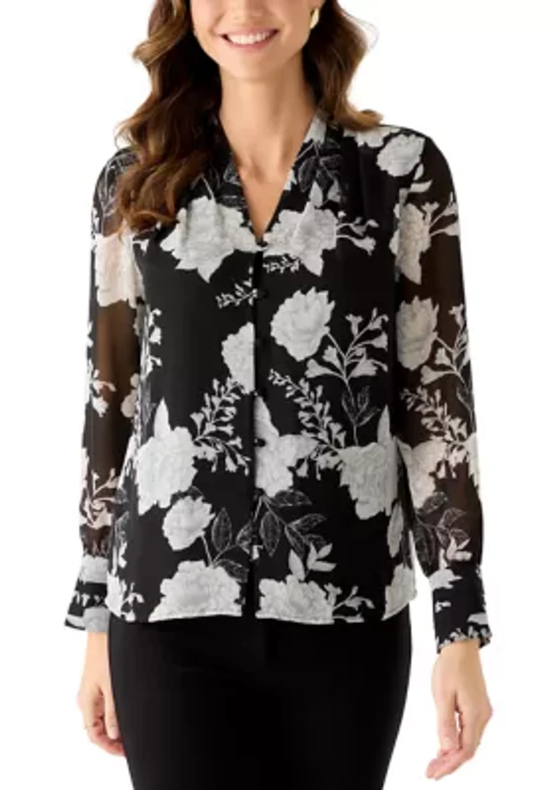 Women's Button Front Print Blouse with Pleated Cuffs