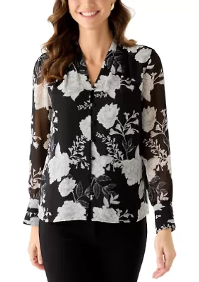 Women's Button Front Print Blouse with Pleated Cuffs
