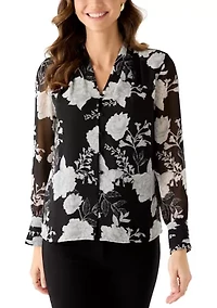 Women's Button Front Print Blouse with Pleated Cuffs