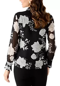 Women's Button Front Print Blouse with Pleated Cuffs