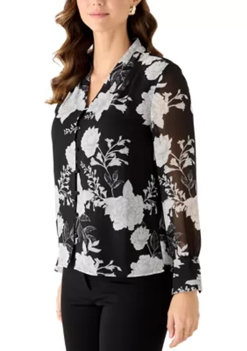 Women's Button Front Print Blouse with Pleated Cuffs