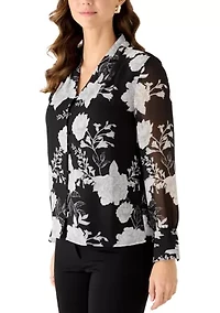 Women's Button Front Print Blouse with Pleated Cuffs