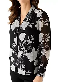Women's Button Front Print Blouse with Pleated Cuffs