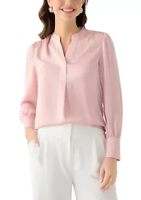 Women's Long Sleeve V-Neck Pleated Front Blouse