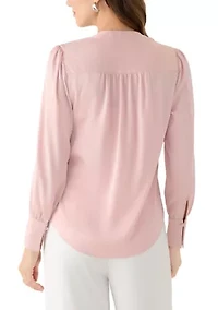Women's Long Sleeve V-Neck Pleated Front Blouse