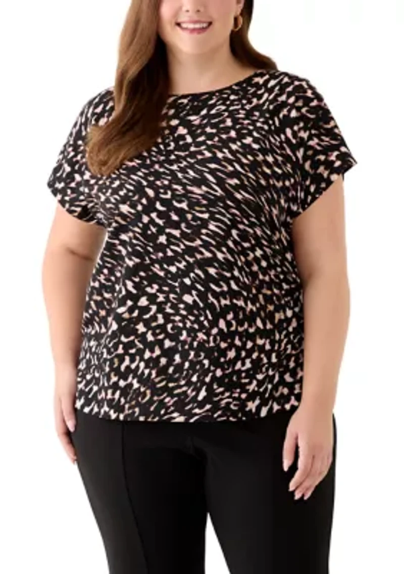 Plus Short Sleeve Multi Woven Top with Knitted Back