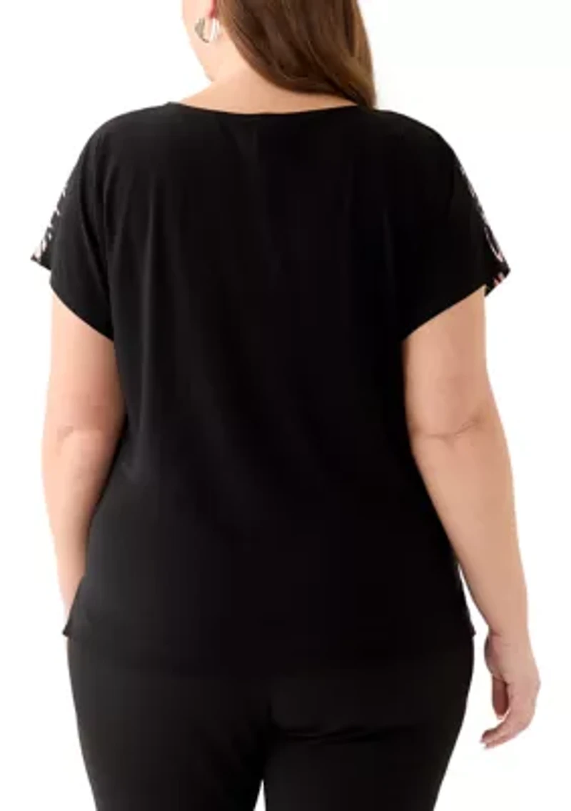 Plus Short Sleeve Multi Woven Top with Knitted Back