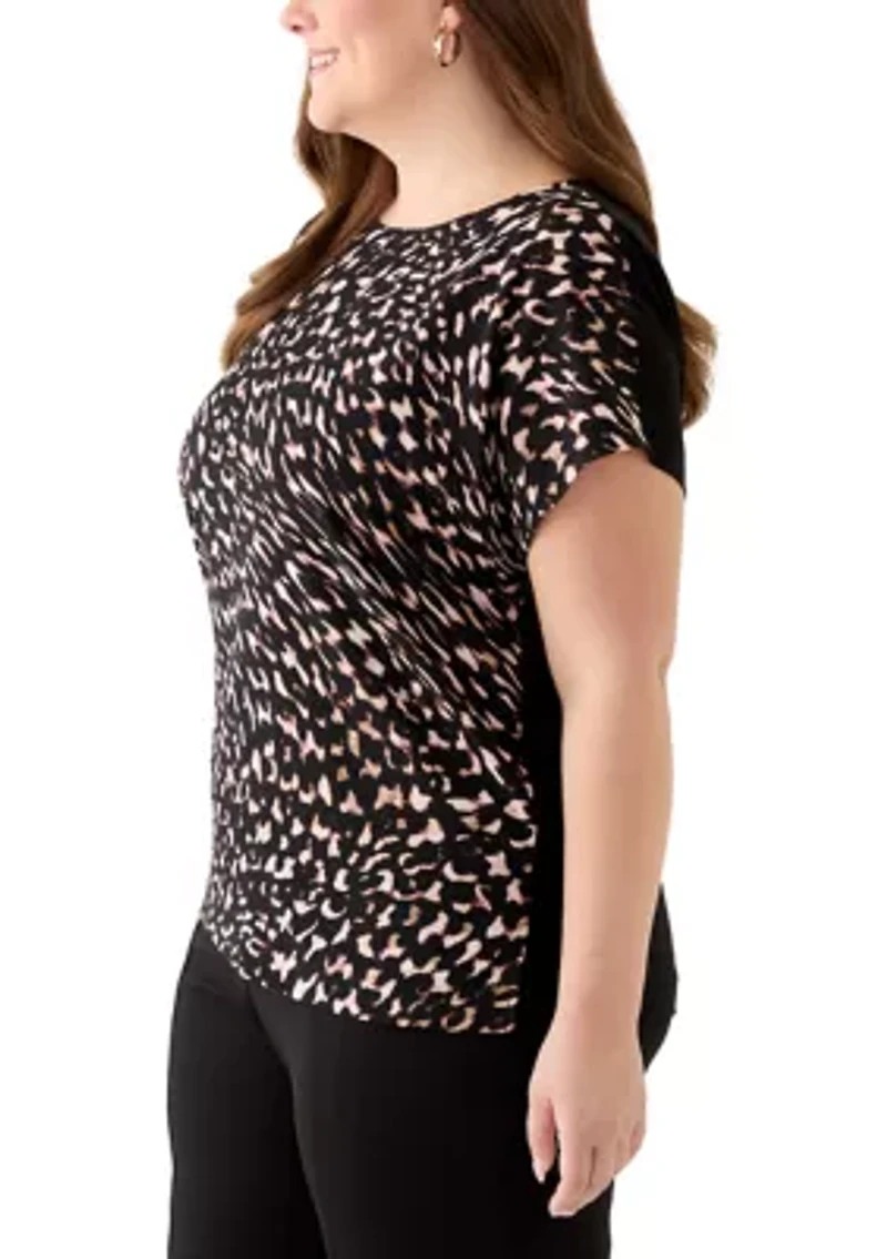 Plus Short Sleeve Multi Woven Top with Knitted Back