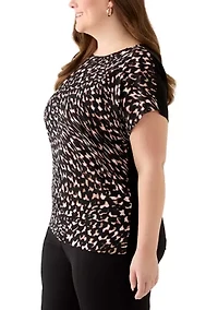Plus Short Sleeve Multi Woven Top with Knitted Back