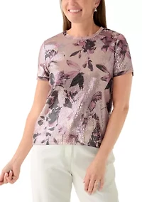 Petite Dark Rose Mist Multi Floral Sequin T-Shirt