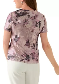 Petite Dark Rose Mist Multi Floral Sequin T-Shirt