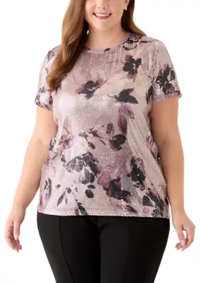 Plus Dark Rose Mist Multi Floral Sequin Top