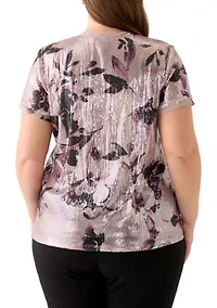 Plus Dark Rose Mist Multi Floral Sequin Top