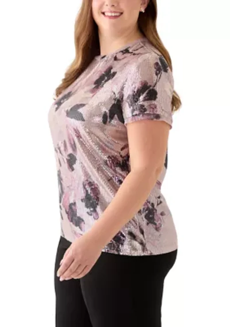 Plus Dark Rose Mist Multi Floral Sequin Top