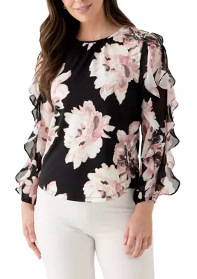 Women's Long Ruffle Sleeve Shirred Neck Top