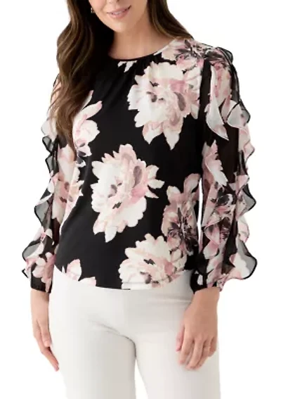 Women's Long Ruffle Sleeve Shirred Neck Top