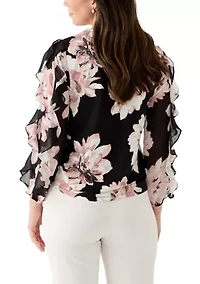 Women's Long Ruffle Sleeve Shirred Neck Top