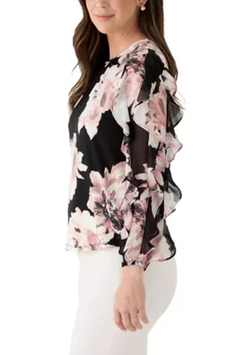 Women's Long Ruffle Sleeve Shirred Neck Top