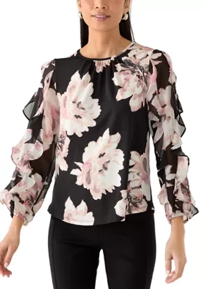 Petite Ruffle Sleeve Shirred Blouse