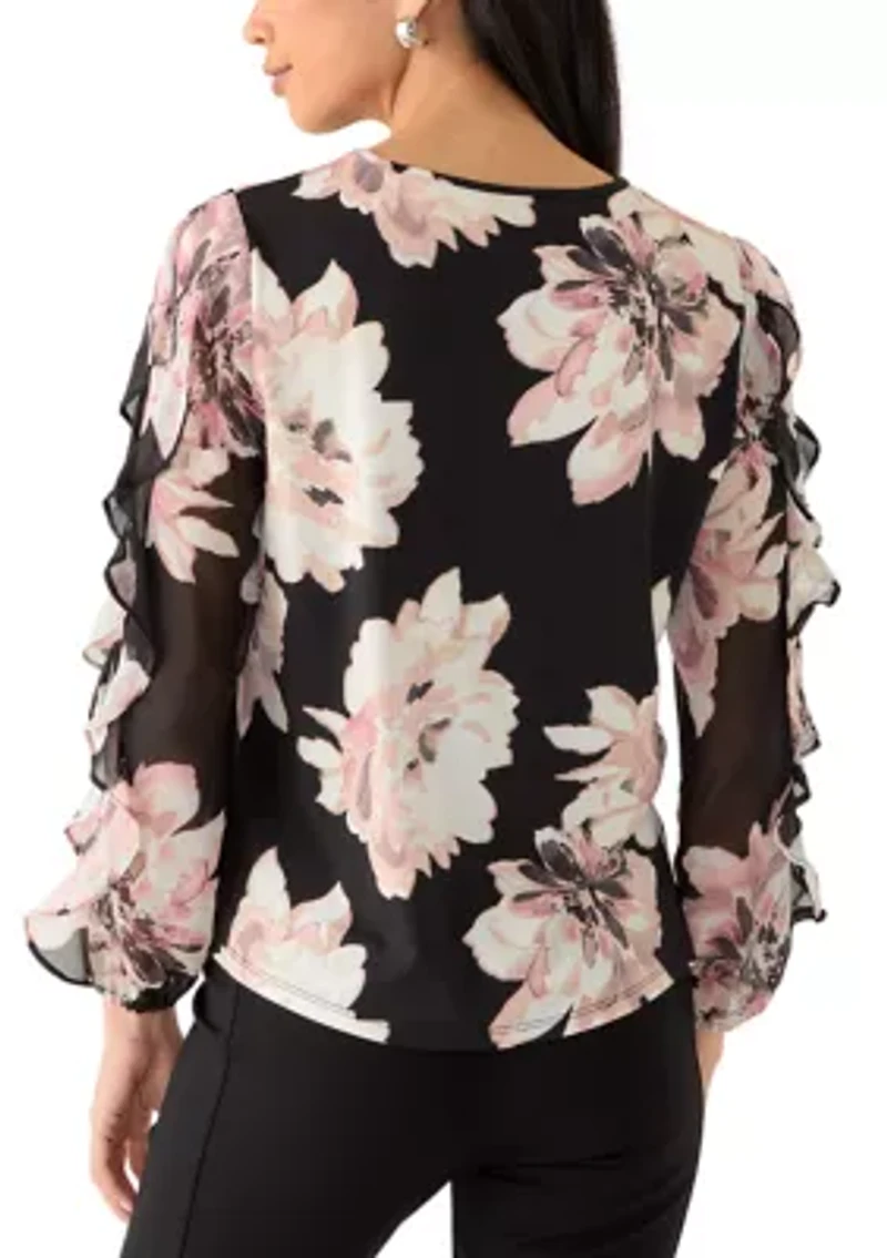 Petite Ruffle Sleeve Shirred Blouse