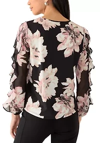 Petite Ruffle Sleeve Shirred Blouse