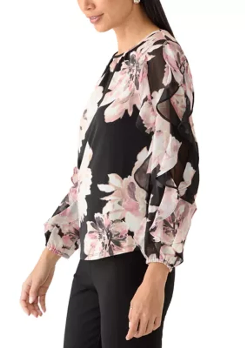 Petite Ruffle Sleeve Shirred Blouse