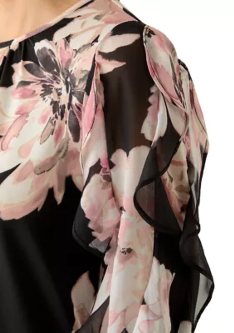 Petite Ruffle Sleeve Shirred Blouse