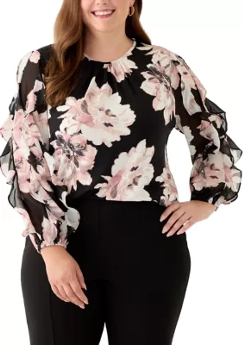 Plus Multi Printed Ruffle Sleeve Shirred Neck Blouse