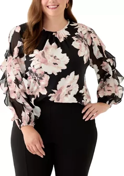Plus Multi Printed Ruffle Sleeve Shirred Neck Blouse