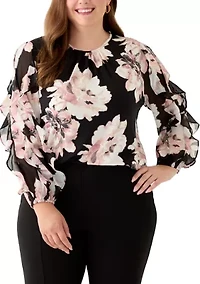 Plus Multi Printed Ruffle Sleeve Shirred Neck Blouse