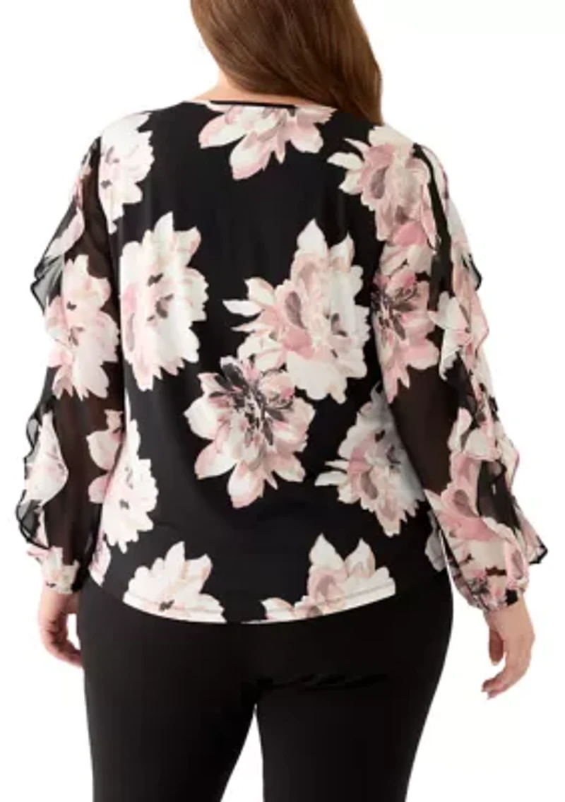 Plus Multi Printed Ruffle Sleeve Shirred Neck Blouse