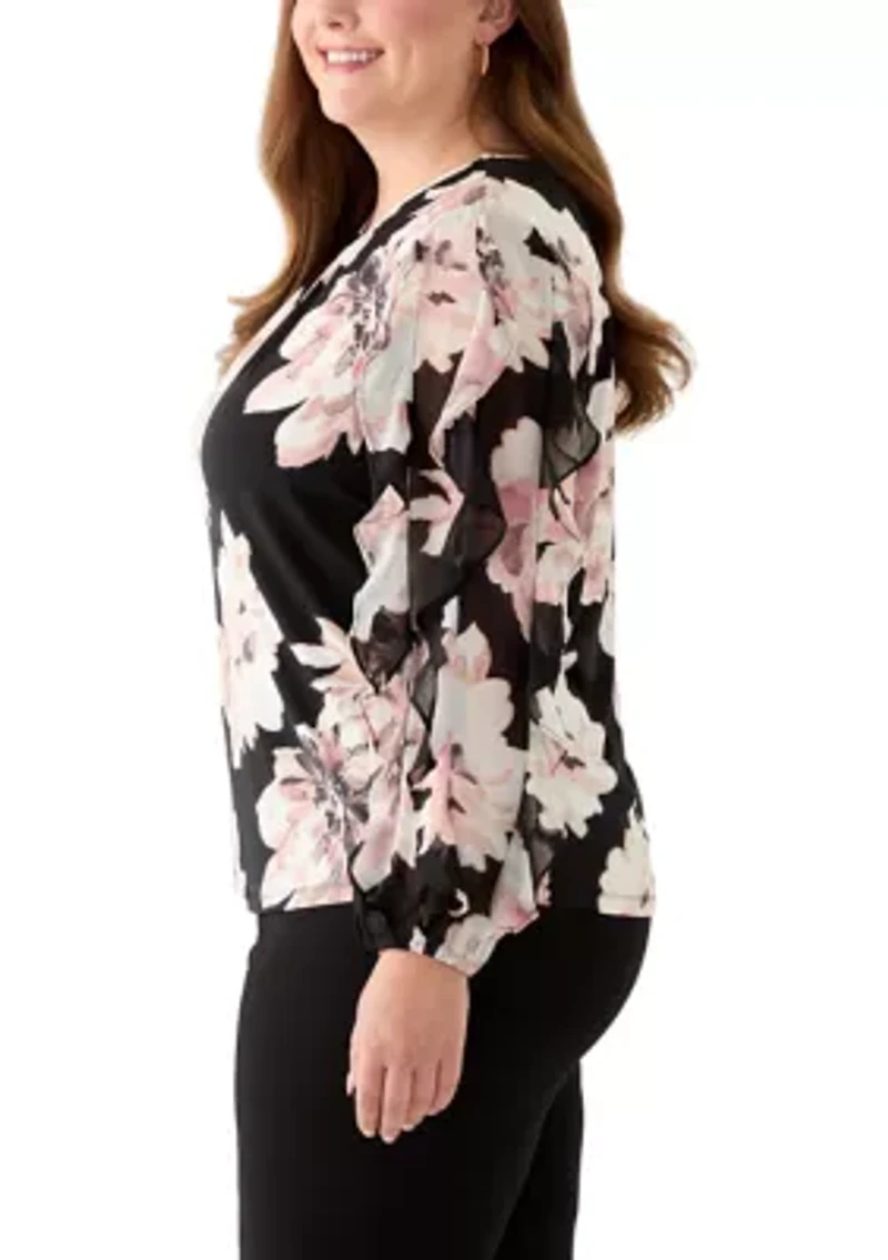Plus Multi Printed Ruffle Sleeve Shirred Neck Blouse