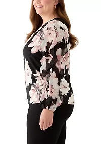 Plus Multi Printed Ruffle Sleeve Shirred Neck Blouse