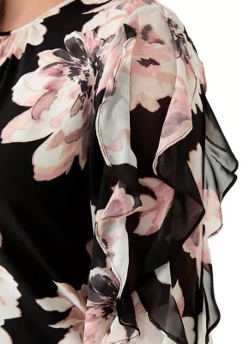 Plus Multi Printed Ruffle Sleeve Shirred Neck Blouse