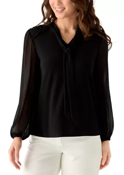 Petite Long Puff Sleeve Tie Neck Blouse