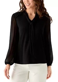 Petite Long Puff Sleeve Tie Neck Blouse