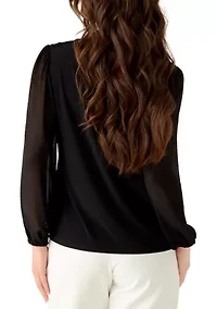 Petite Long Puff Sleeve Tie Neck Blouse