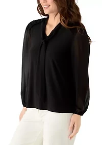 Petite Long Puff Sleeve Tie Neck Blouse