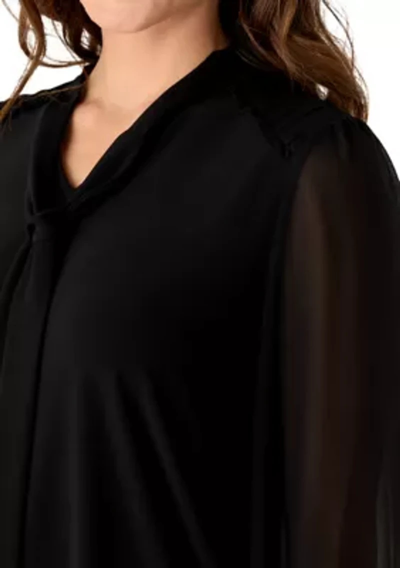 Petite Long Puff Sleeve Tie Neck Blouse