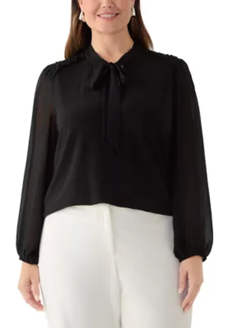 Plus Puff Sleeve Tie Neck Blouse