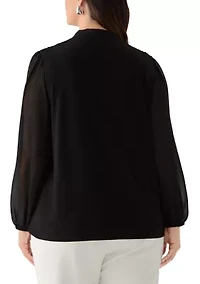 Plus Puff Sleeve Tie Neck Blouse