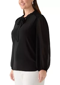 Plus Puff Sleeve Tie Neck Blouse