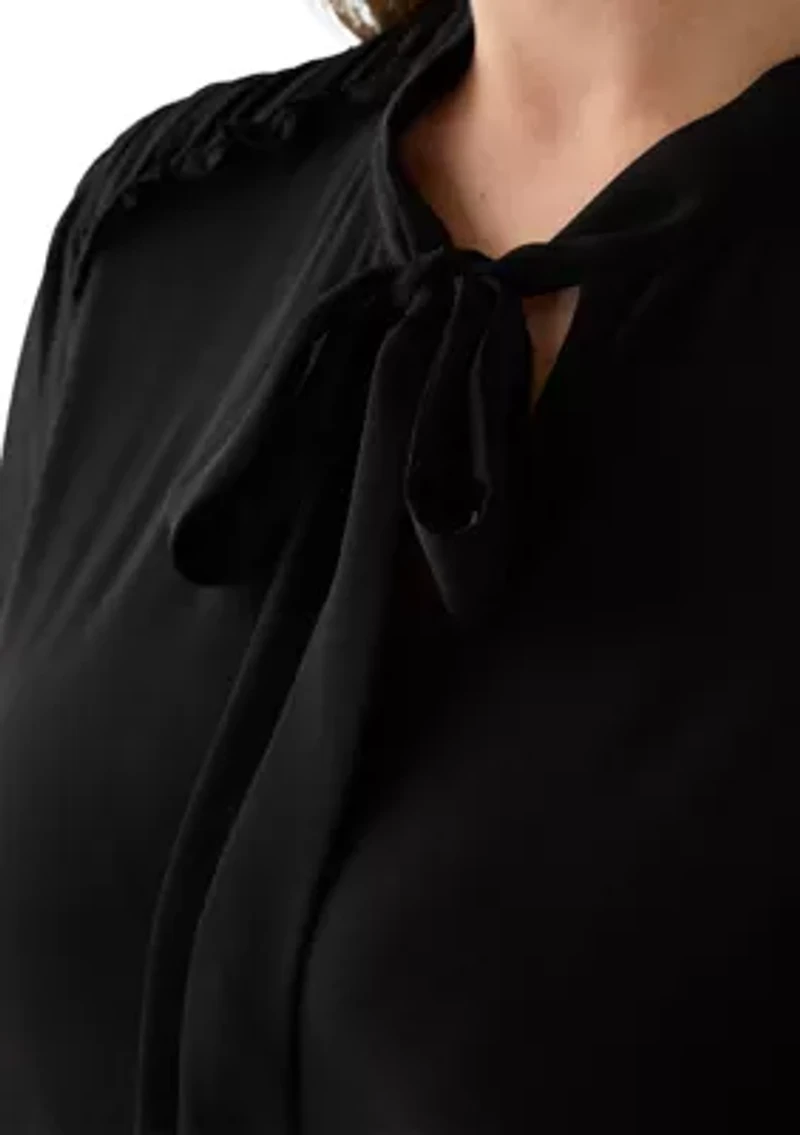 Plus Puff Sleeve Tie Neck Blouse