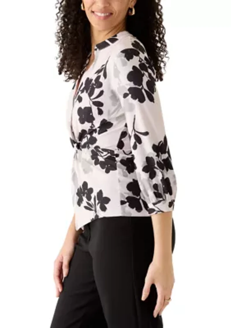 Women's Mandarin Collar Blossom Print Blouse