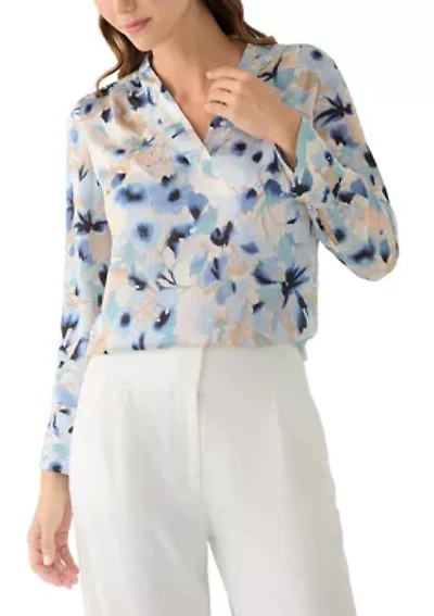 Women's V-Neck Pleated Front Blouse with Long Sleeves