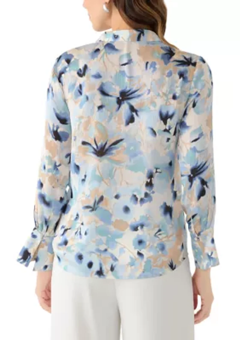 Women's V-Neck Pleated Front Blouse with Long Sleeves