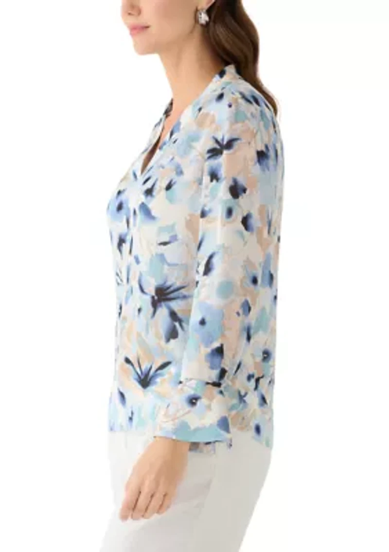 Women's V-Neck Pleated Front Blouse with Long Sleeves